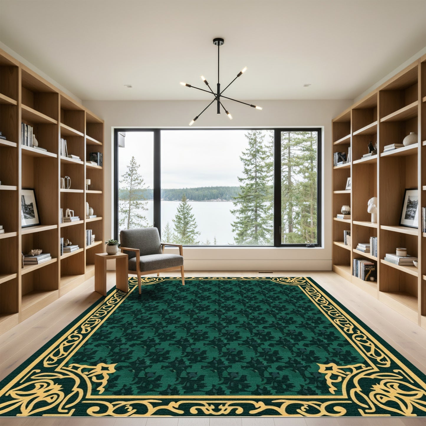 Ornate Emerald Floral Border Rug