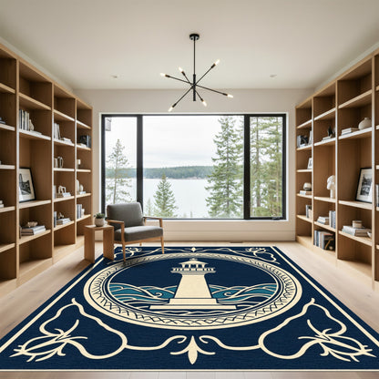 Nautical Lighthouse Ocean Waves Emblem Rug