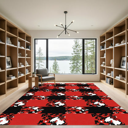 Bold Red Abstract Floral Check Rug