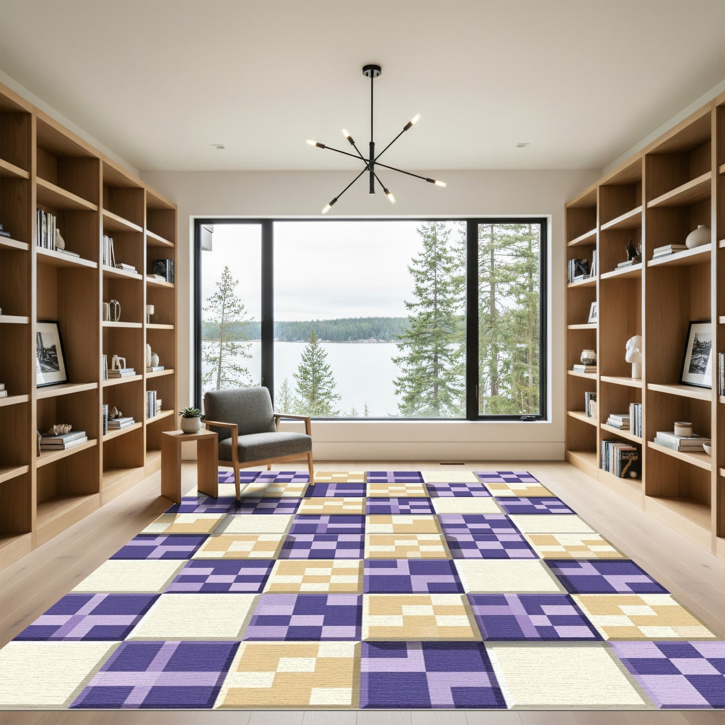 Purple Cream Checkerboard Tile Composition Rug