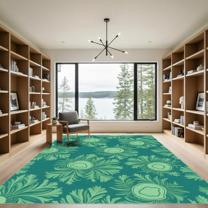 Teal Emerald Green Floral Swirl Rug