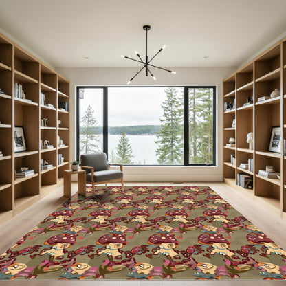 Whimsical Crimson Mushroom Forest Collage Rug