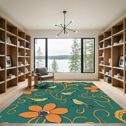 Whimsical Teal Orange Bird Floral Vine Rug