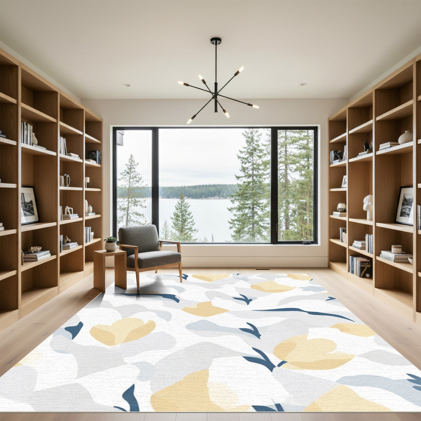 Soft Yellow Floral Abstract Landscape Rug