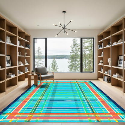 Vibrant Aqua Striped Plaid Rug
