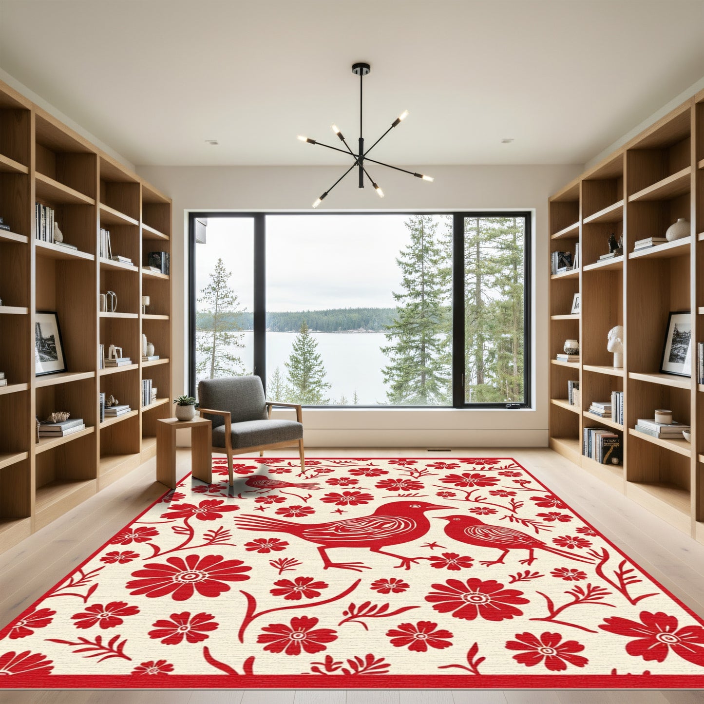 Bright Crimson Avian Floral Companions Rug