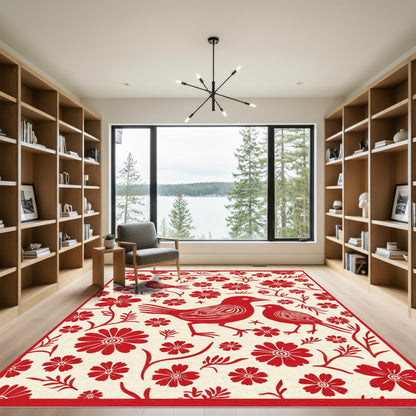 Bright Crimson Avian Floral Companions Rug