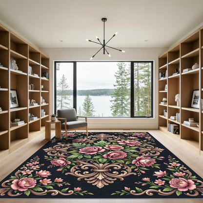 Ornate Pink Rose Scrollwork Arrangement Rug