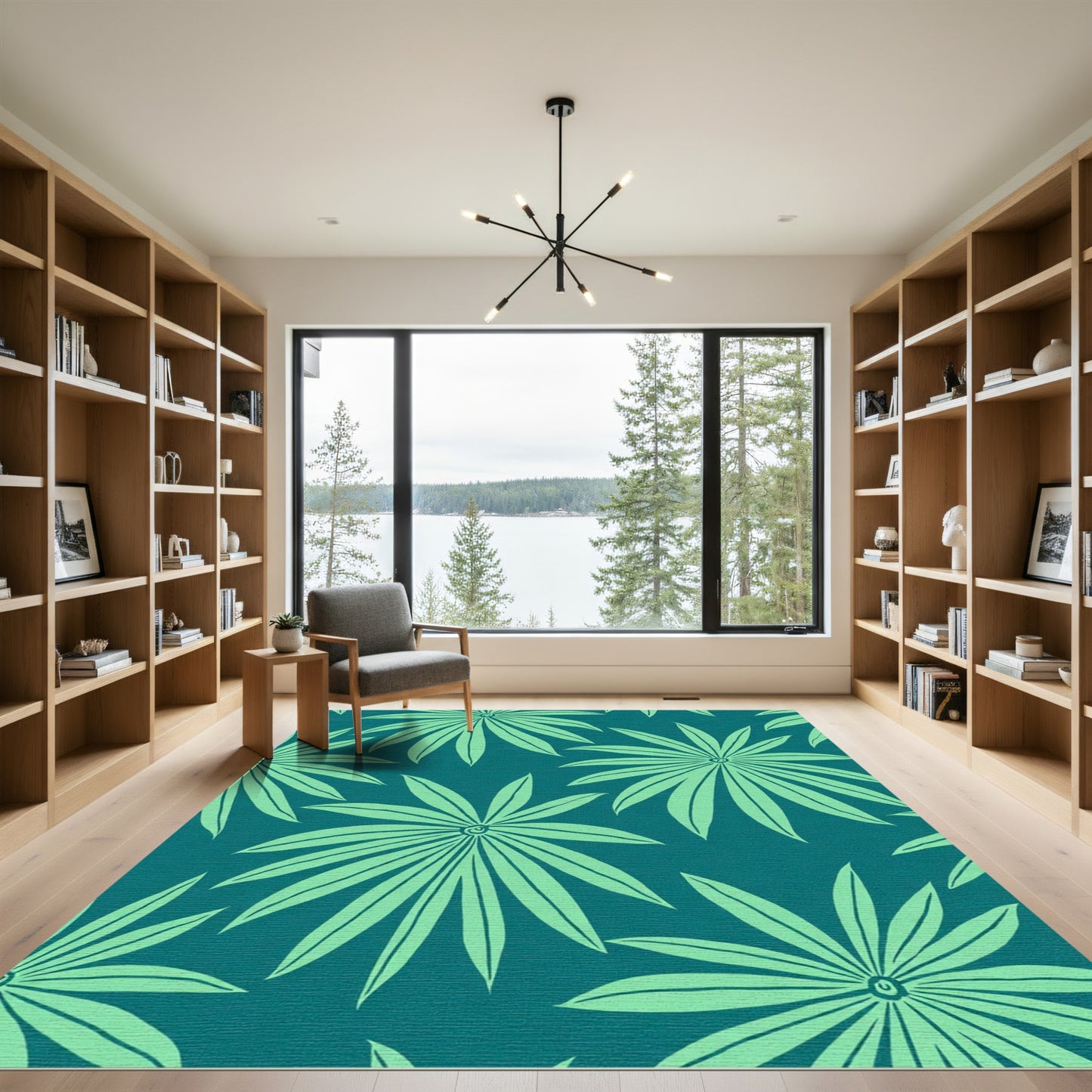 Teal Palm Leaf Starburst Rug