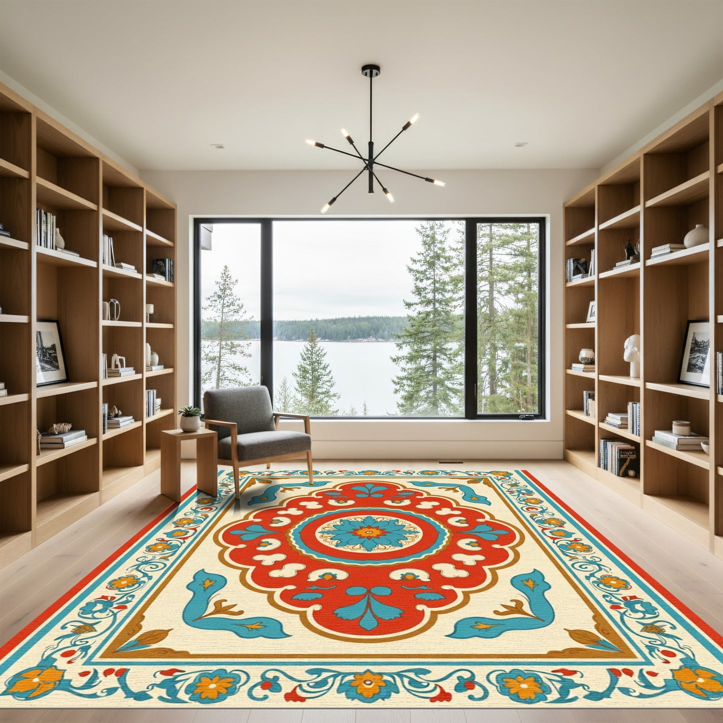 Scarlet Teal Floral Scrollwork Composition Rug