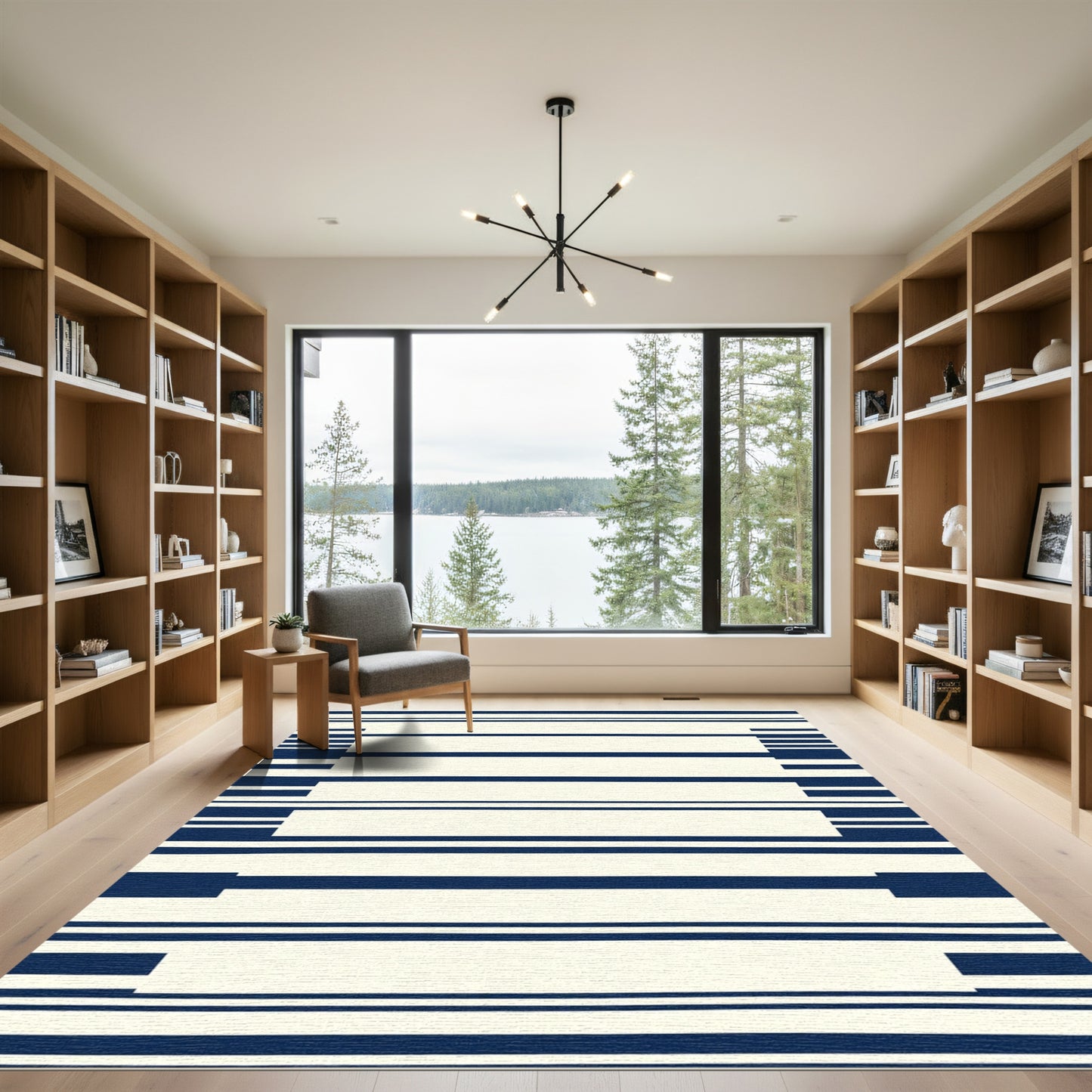 Navy White Stripe Geometric Rug