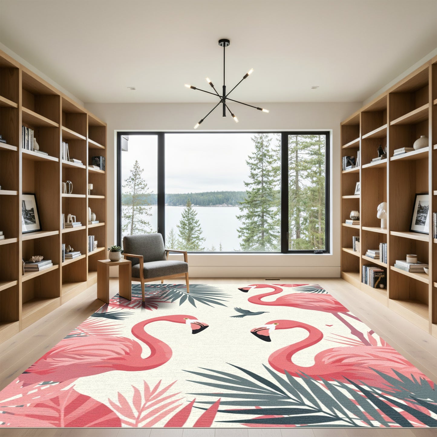 Pink Flamingo Tropical Palm Leaves Rug