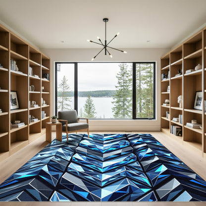 Deep Blue Crystal Geometric Chevron Rug