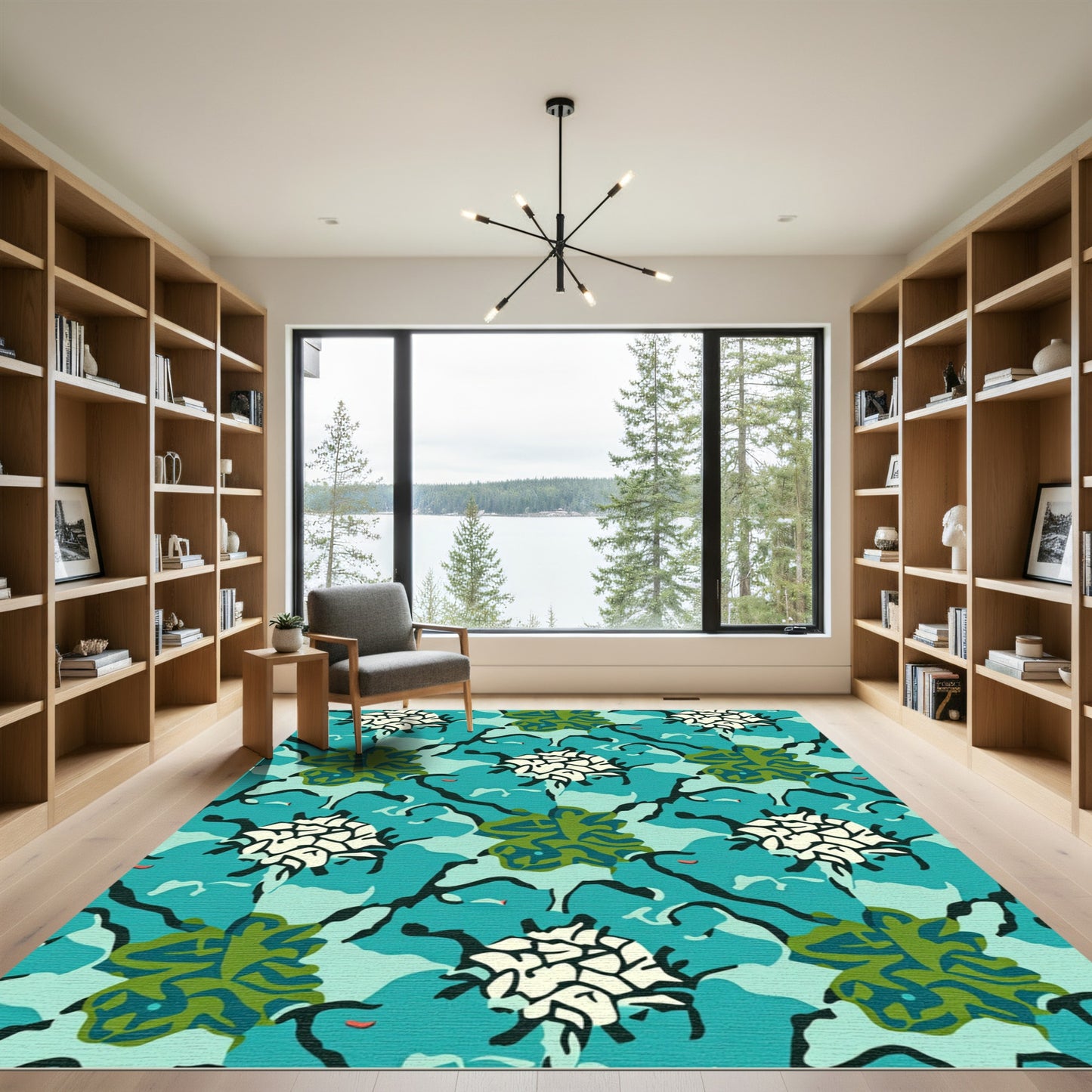 Aqua Green Abstract Floral Branch Rug