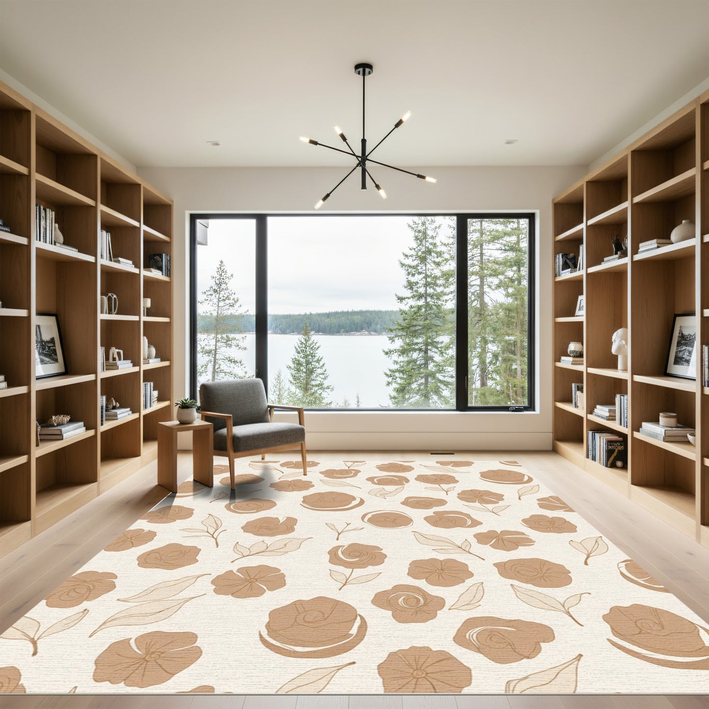 Warm Beige Outline Floral Scatter Rug