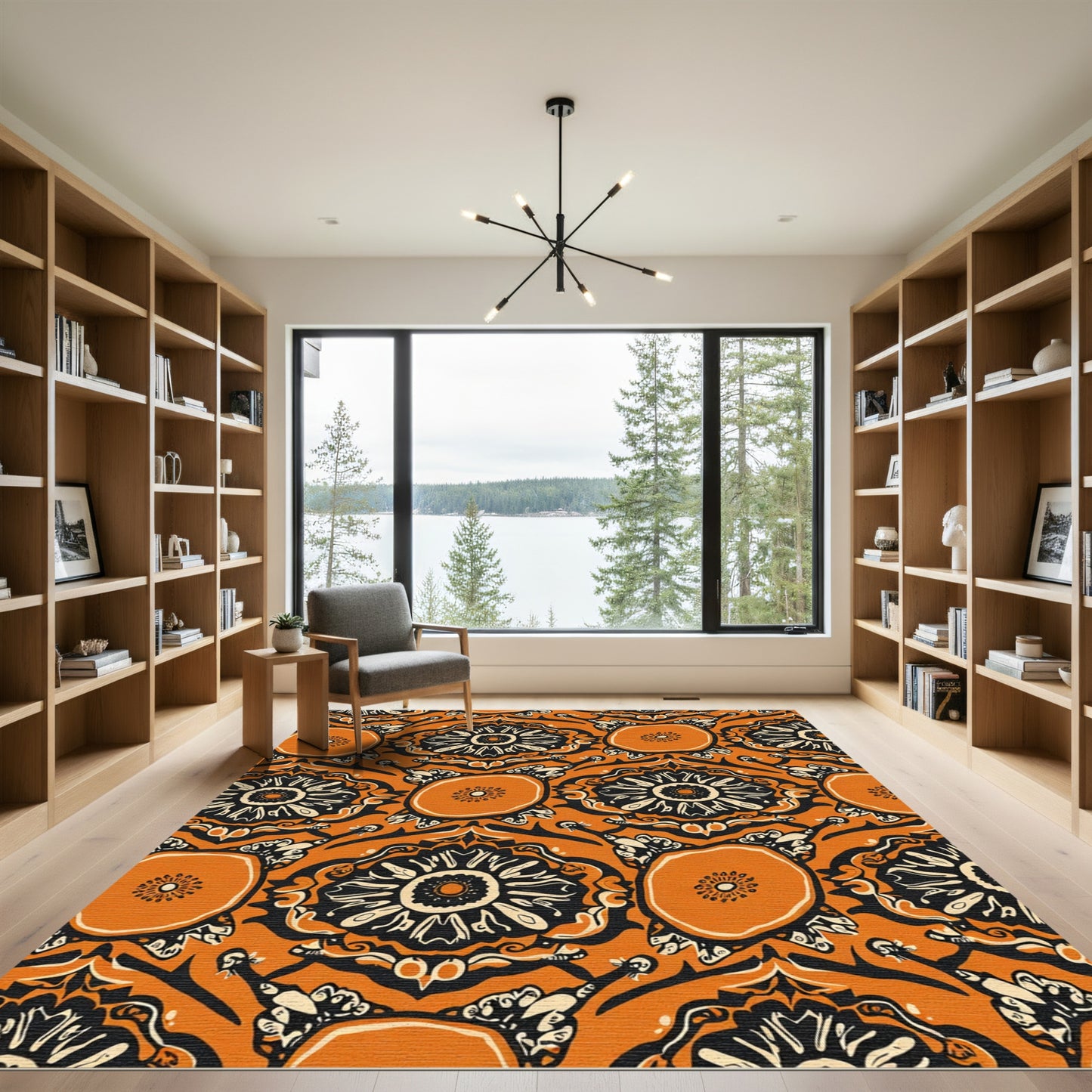 Antique Orange Black Floral medallion Rug