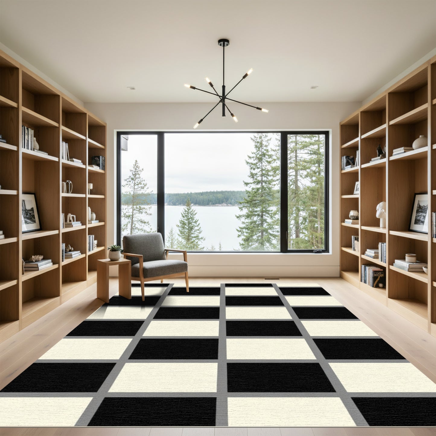 Bold Black Cream Brick Grid Rug