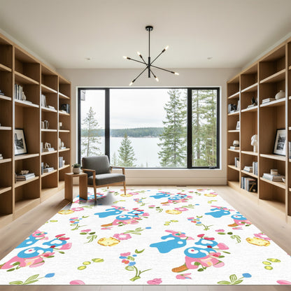 Whimsical Blue Pink Floral Character Rug