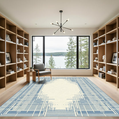 Ecru Blue Geometric Abstract Lines Rug
