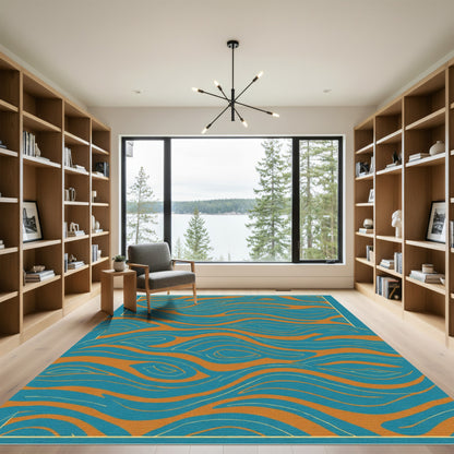 Aqua Orange Wavy Organic Flow Rug
