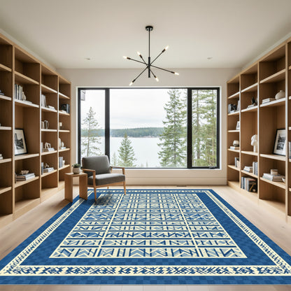 Navy Cream Geometric Lattice Border Rug