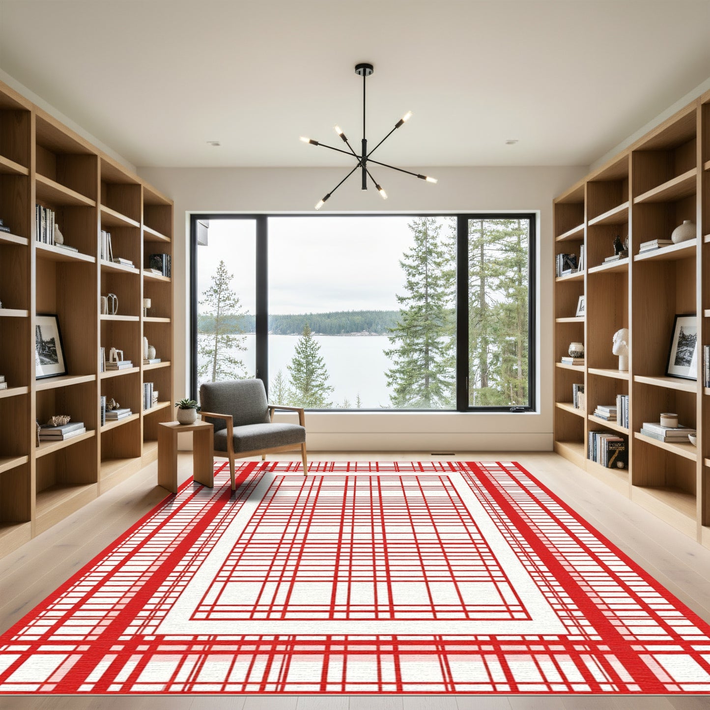 Bold Red Plaid Frame Rug