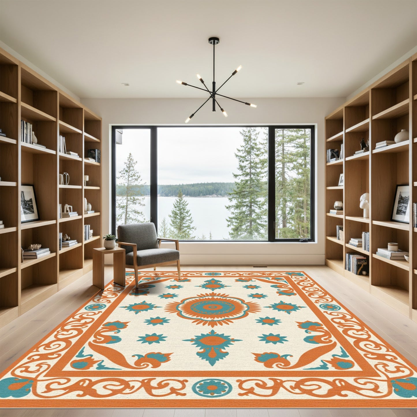 Orange Teal Mandala Floral Border Rug