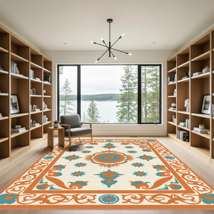 Orange Teal Mandala Floral Border Rug
