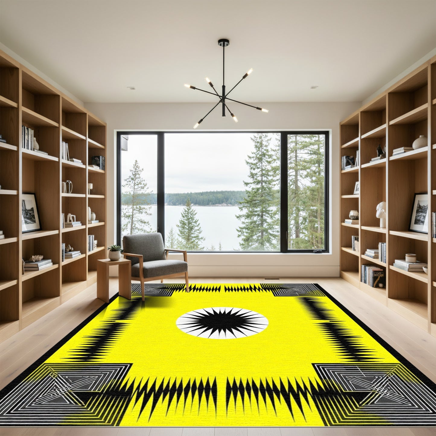 Bold Yellow Sunburst Geometric Frame Rug