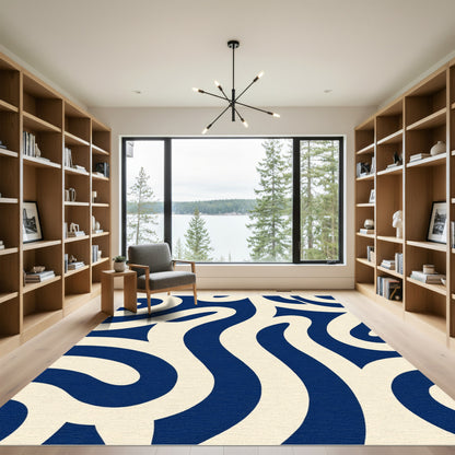 Navy Cream Swirling Curving Lines Rug