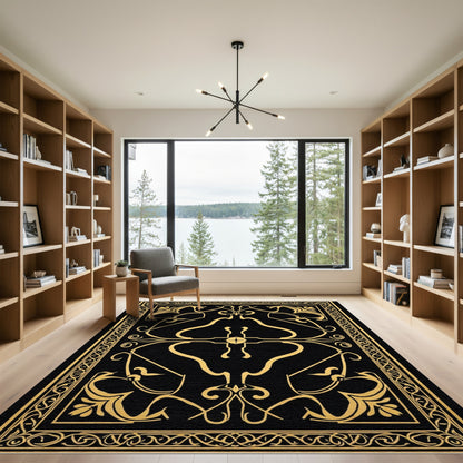 Antique Gold Black Art Nouveau Floral Rug