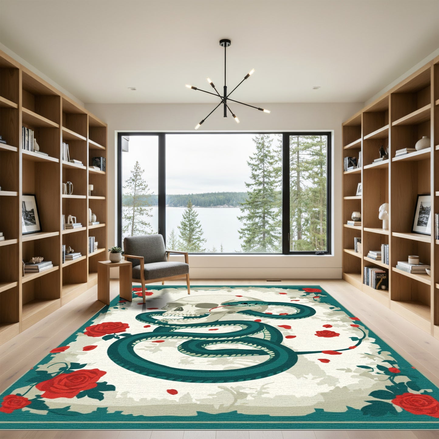 Teal Snake Skull Red Rose Border Rug