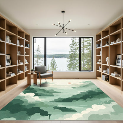 Misty Emerald Clouds Sunrise Landscape Rug