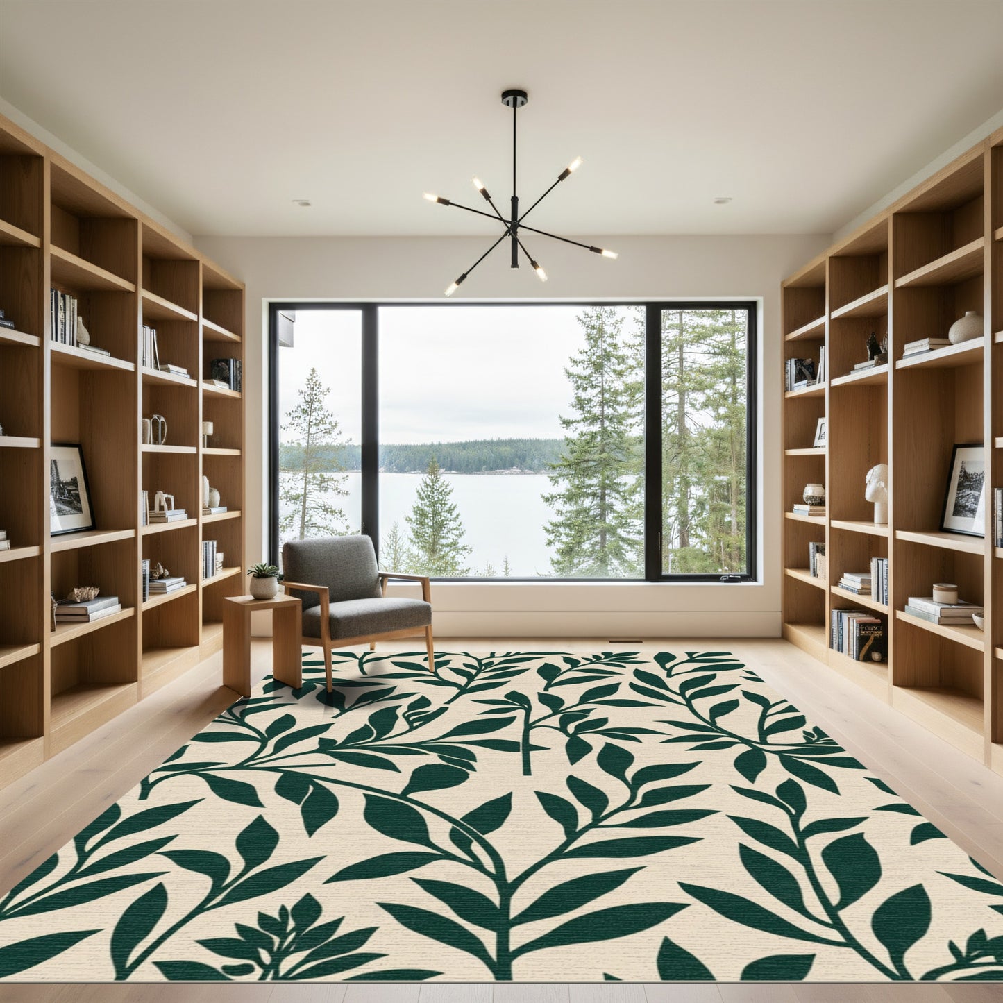 Dark Green Leafy Branch Pattern Rug