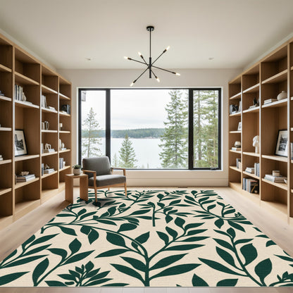 Dark Green Leafy Branch Pattern Rug