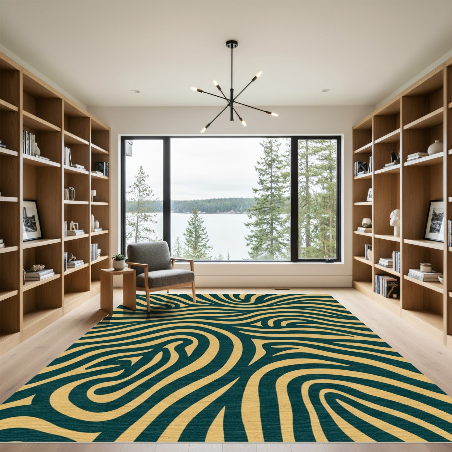 Gold Cyan Abstract Wavy Stripes Rug