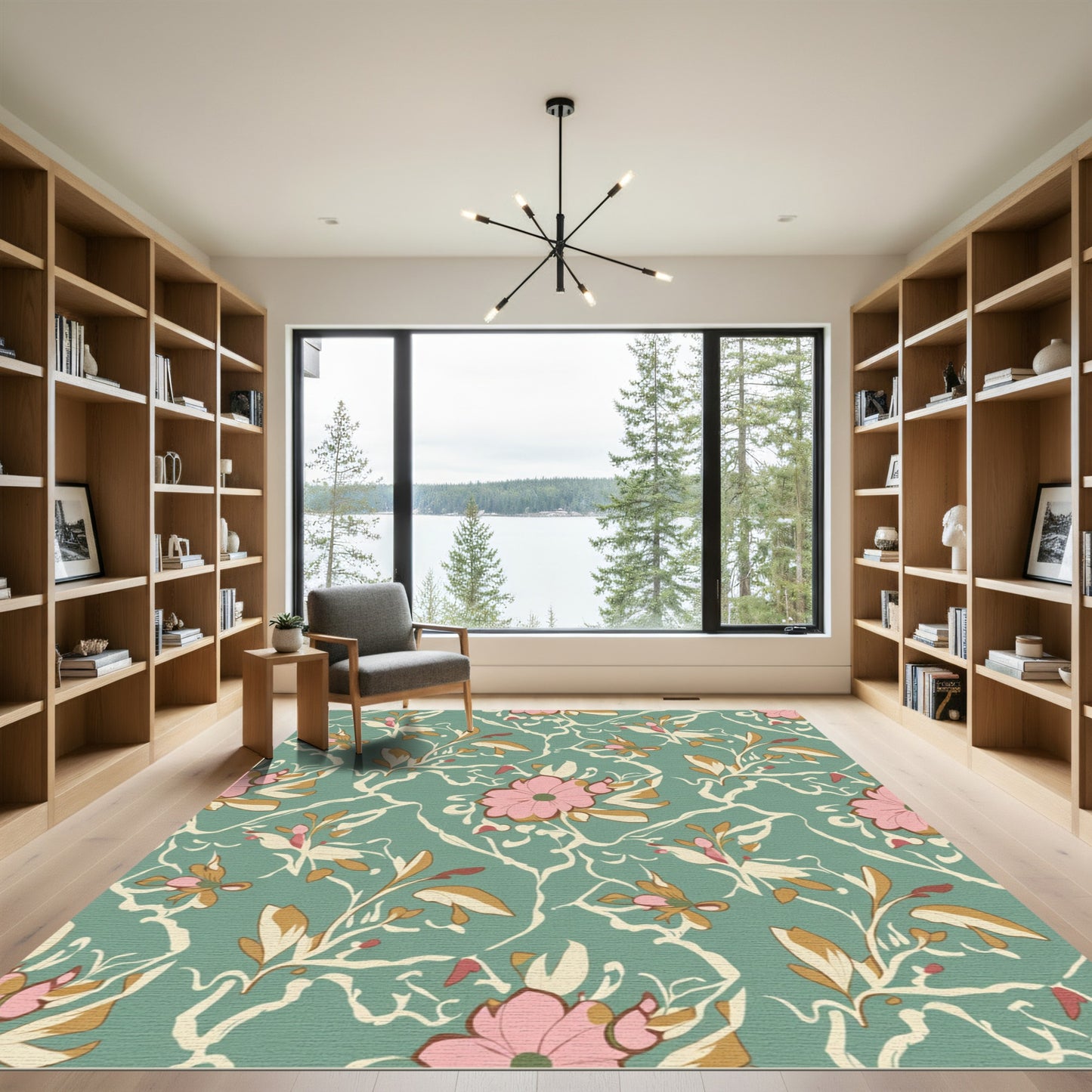 Pink Floral Vine Branches Aquamarine Rug