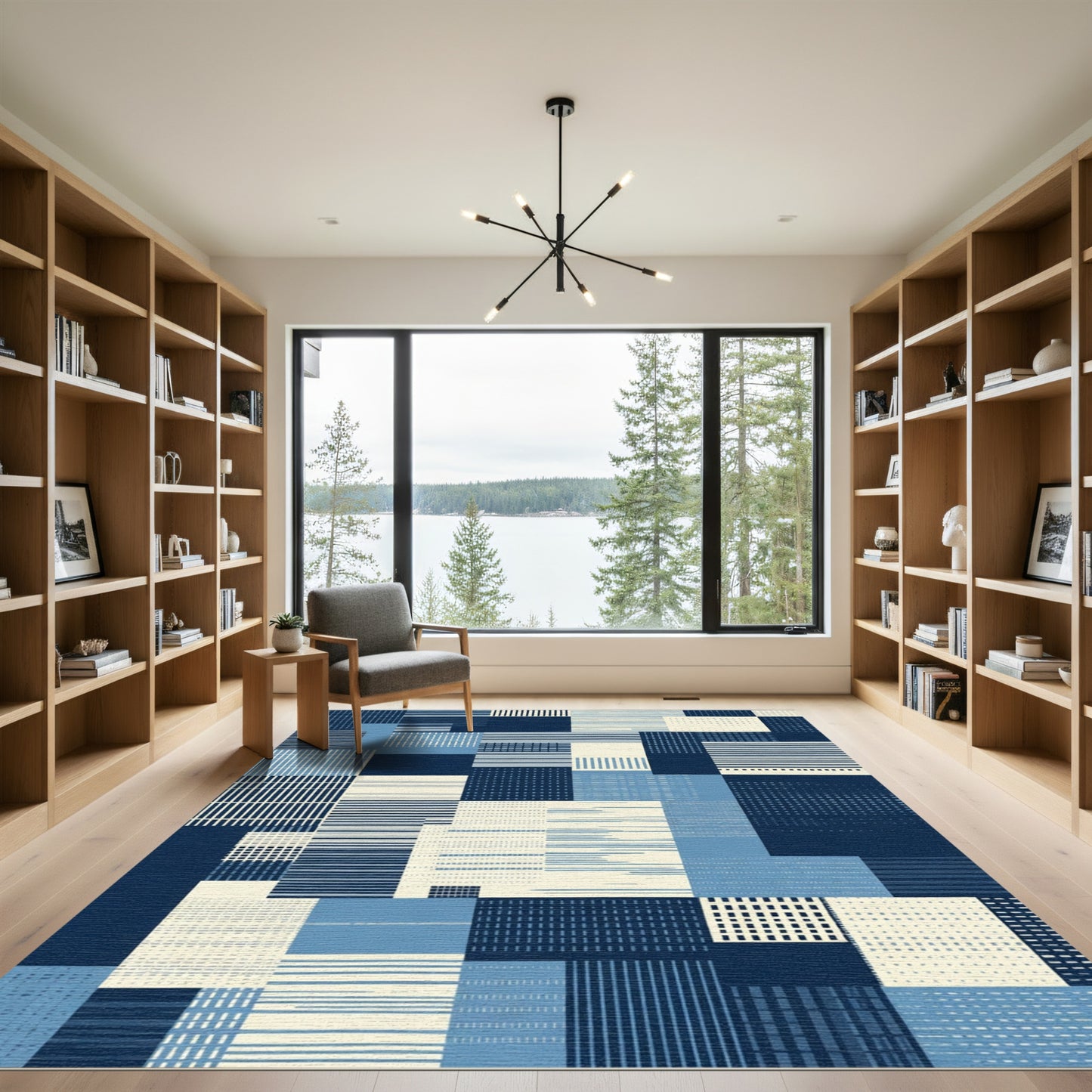 Abstract Blue Stripe Patchwork Rug