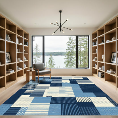 Abstract Blue Stripe Patchwork Rug