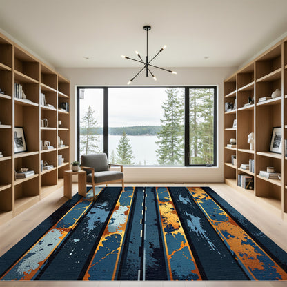 Abstract Splatter Stripe Gold Blue Rug