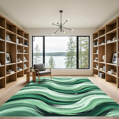 Deep Emerald Brushstroke Wave Rug