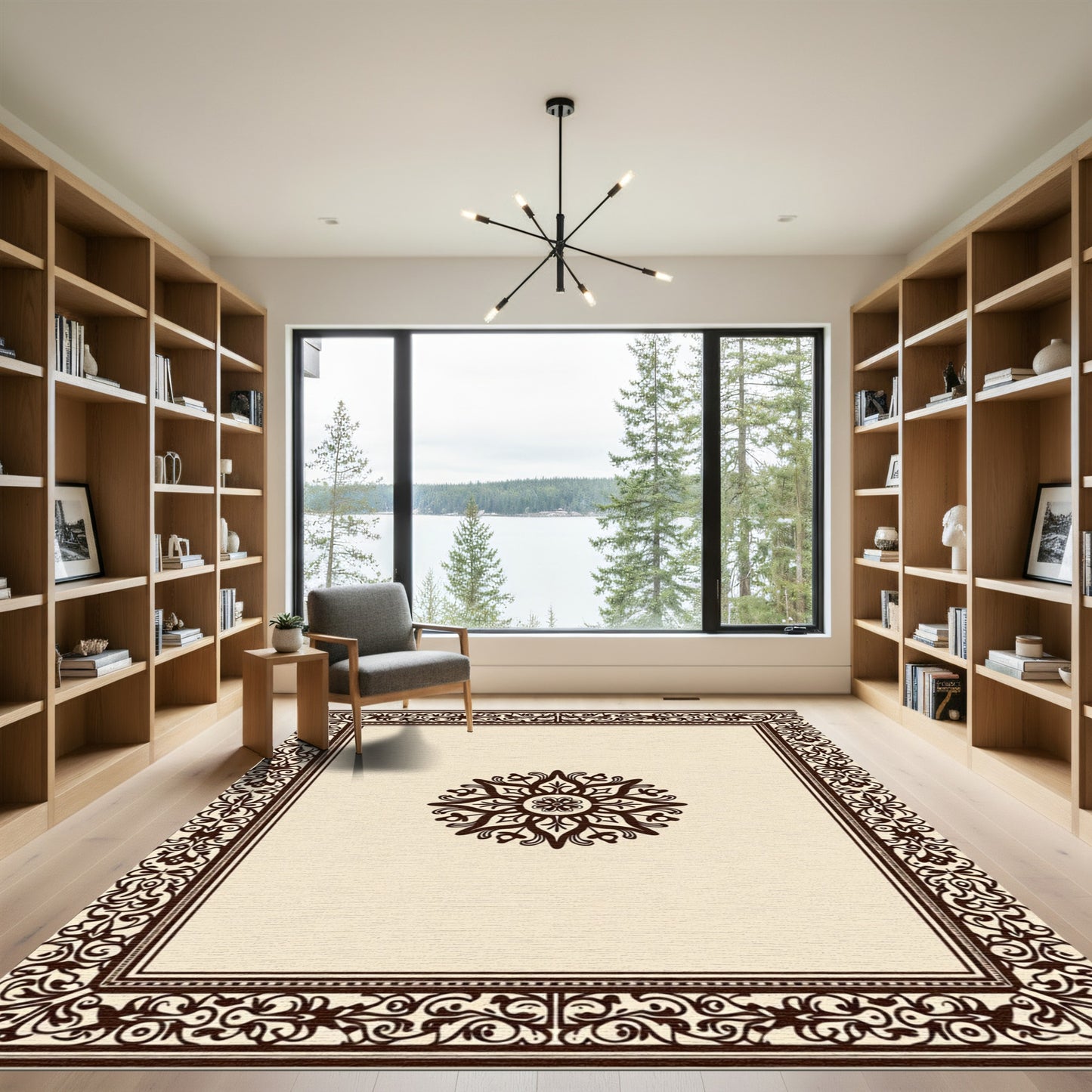 Dark Brown Bordered Floral Medallion Rug