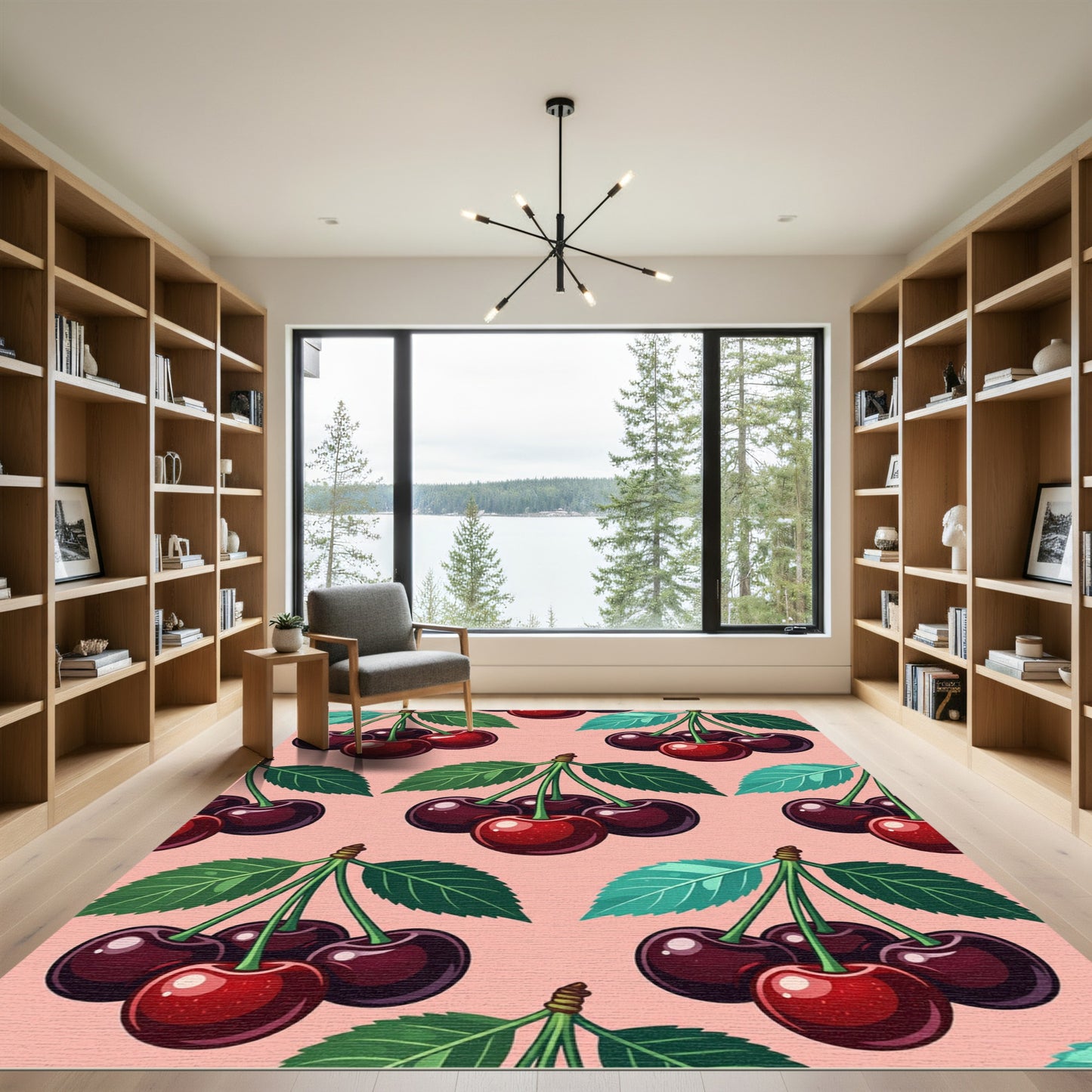 Juicy Red Cherry Branches Pink Background Rug