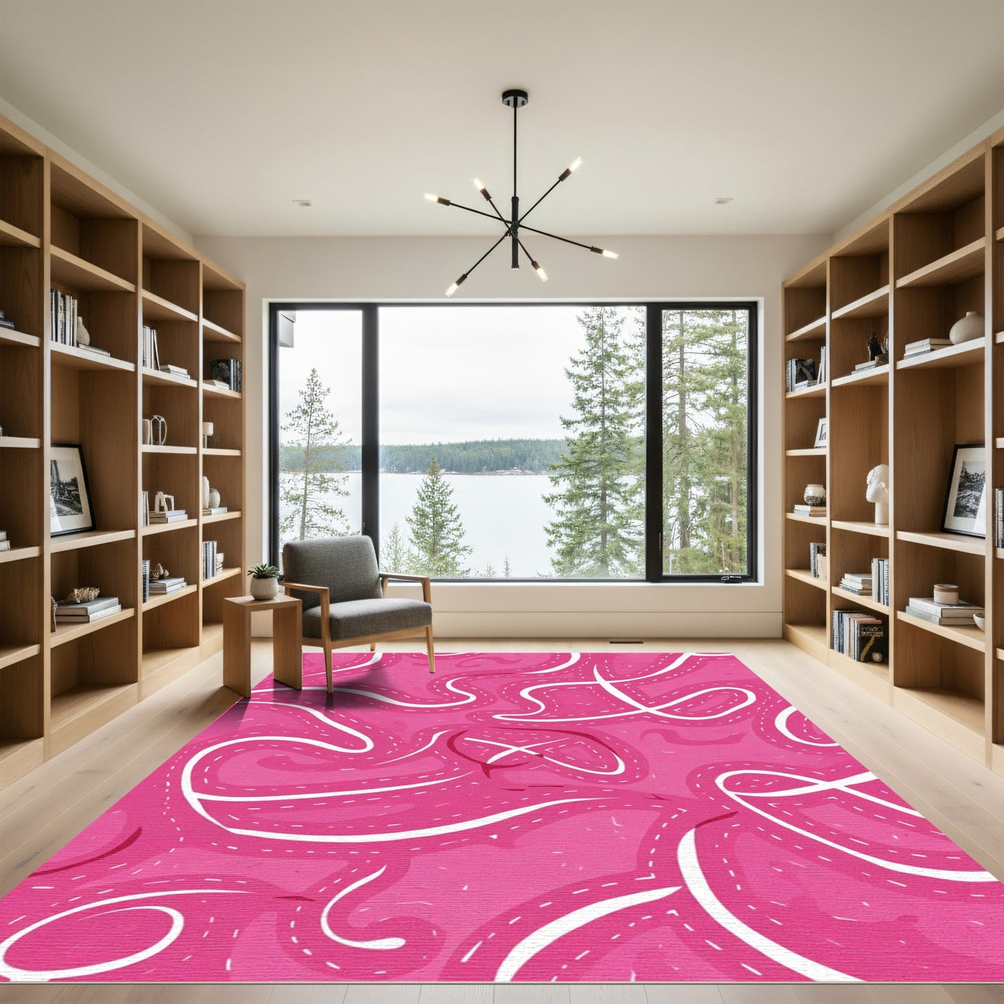Pink Curved Swirl Abstract Lines Rug