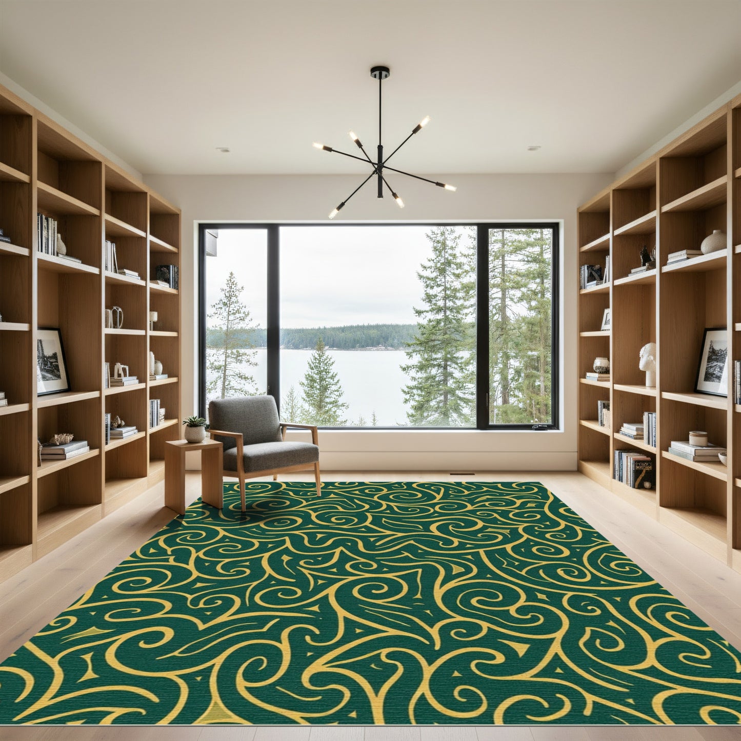 Deep Emerald Gold Swirl Abstract Rug