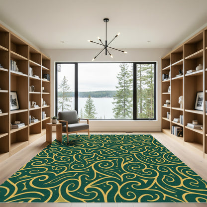 Deep Emerald Gold Swirl Abstract Rug
