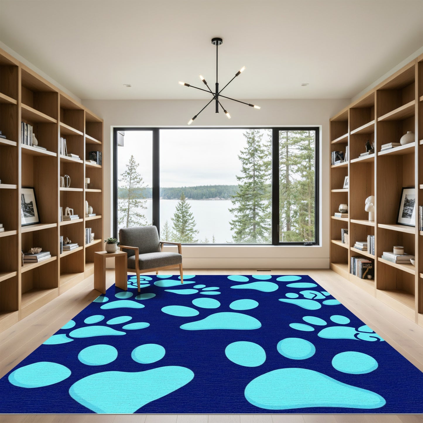 Aqua Paw Prints on Navy Background Rug