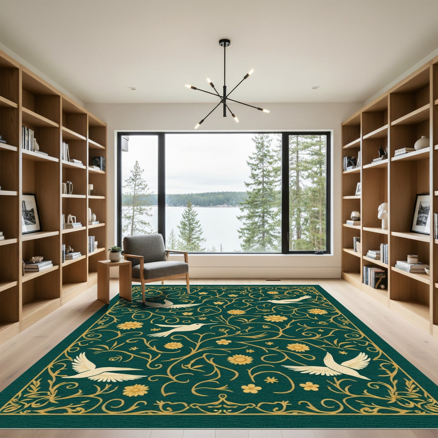 Golden Bird Floral Vine Scroll Rug
