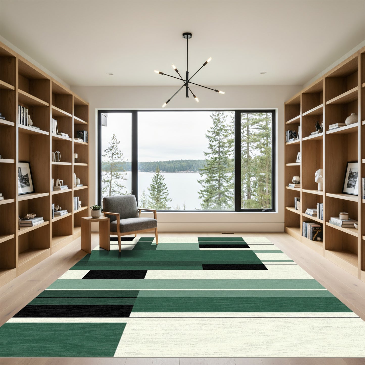 Modern Forest Green Geometric Blocks Rug