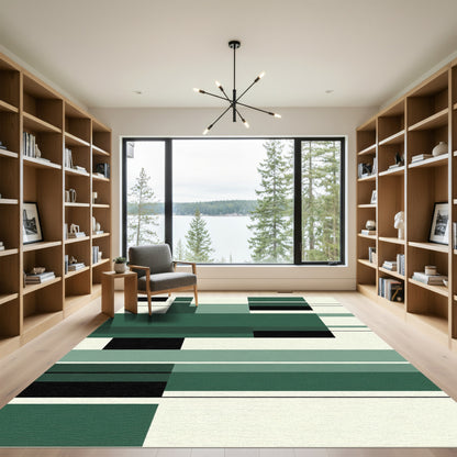 Modern Forest Green Geometric Blocks Rug